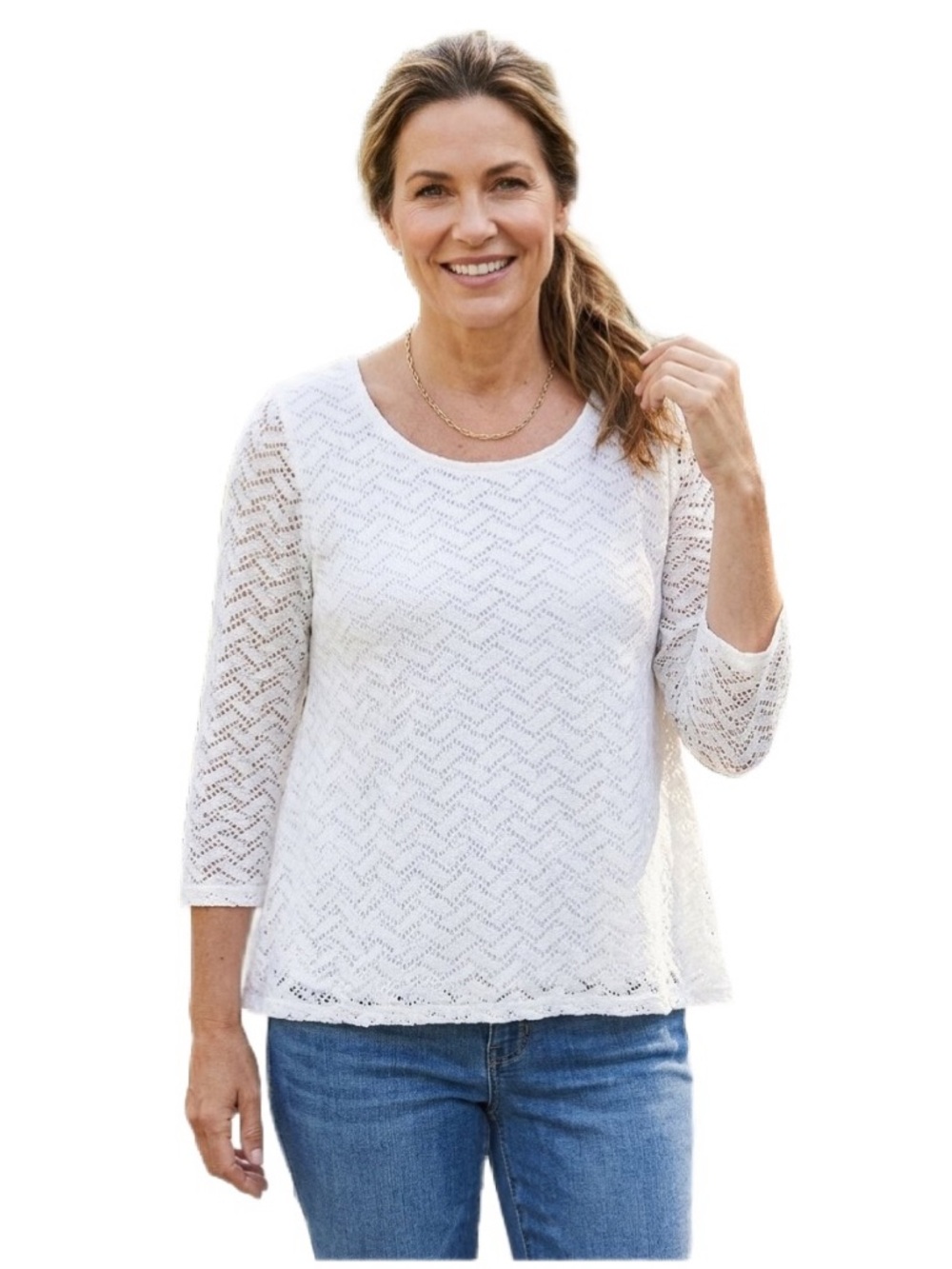 Chico's White Lace Knit Scoop Neck Top Size L